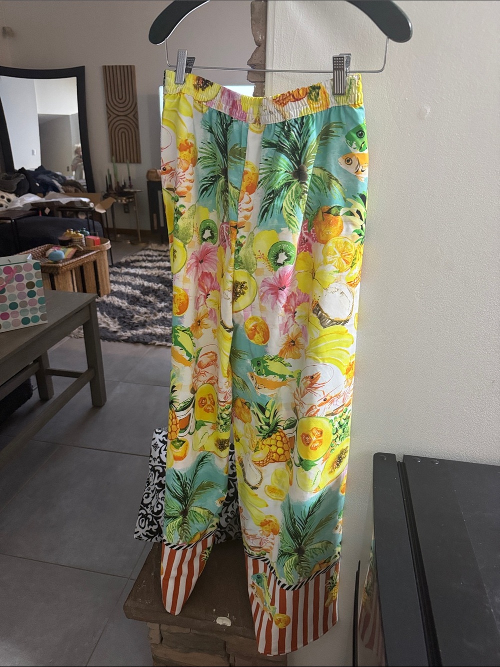 Tropical Fruit Print Wide-Leg Pants - Yellow & Aqua